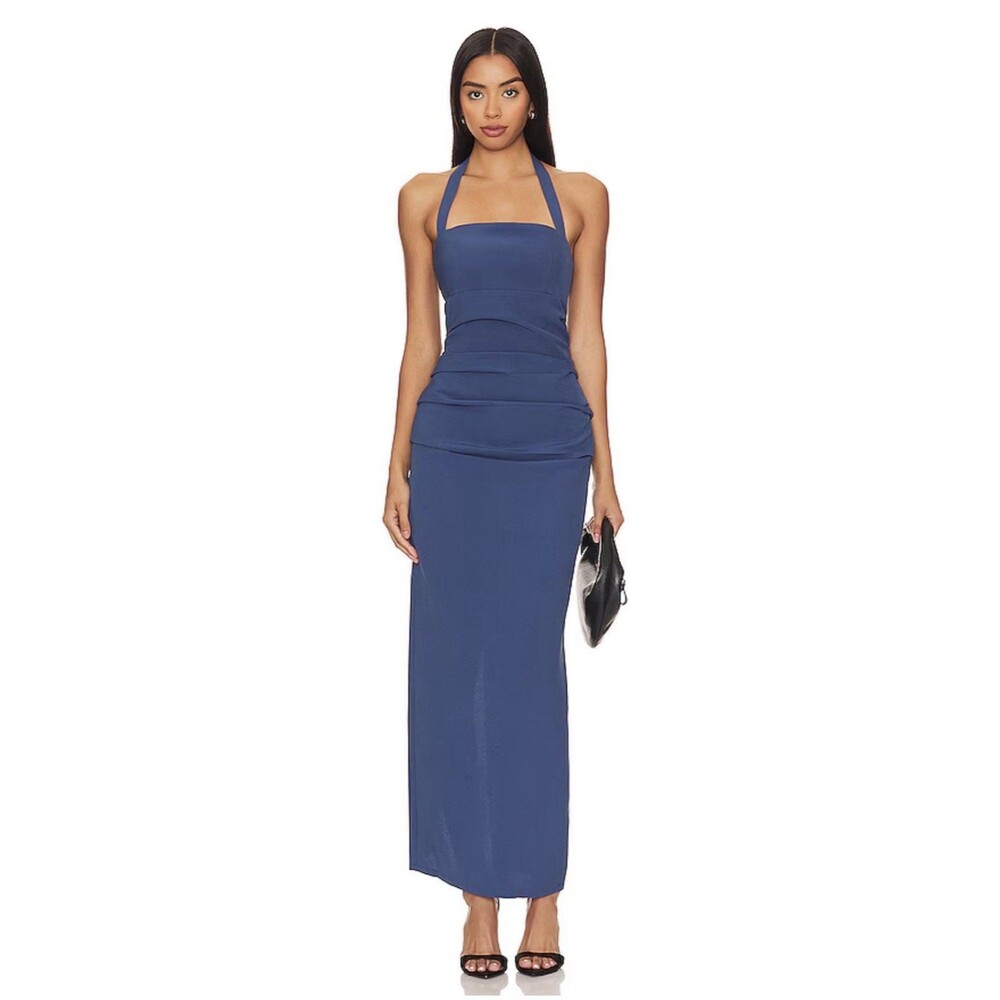 LIONESS 1999 Maxi Dress  Blue Large L Halter Neck Ruched